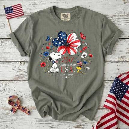 MOSS_baee86e9-11b7-4fef-b924-be23859b9f8a - AuraNations - Comfort Colors 250th Anniversary USA Flag Flower Patriotic Bird Dog T-Shirt - Moss / S - 250TH ANNIVERSARY, ALL, COMFORT COLORS, NO CUSTOM, PRODUCTS, SNPY, TSHIRT
