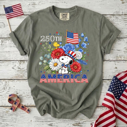 MOSS_d37fae1c-0179-4bcc-af6c-1eb08003a3fa - AuraNations - Comfort Colors 250th America Patriotic Top Hat Floral Dog T-Shirt - Moss / S - 250TH ANNIVERSARY, ALL, COMFORT COLORS, NO CUSTOM, PRODUCTS, SNPY, TSHIRT