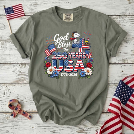 Comfort Colors God Bless The USA 250 Years Patriotic Cross T-Shirt