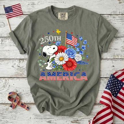 MOSS_e54e75bd-1428-4a22-a0ab-6844bdefb680 - AuraNations - Comfort Colors 250th America Patriotic Floral Bouquet Dog T-Shirt - Moss / S - 250TH ANNIVERSARY, ALL, COMFORT COLORS, NO CUSTOM, PRODUCTS, SNPY, TSHIRT