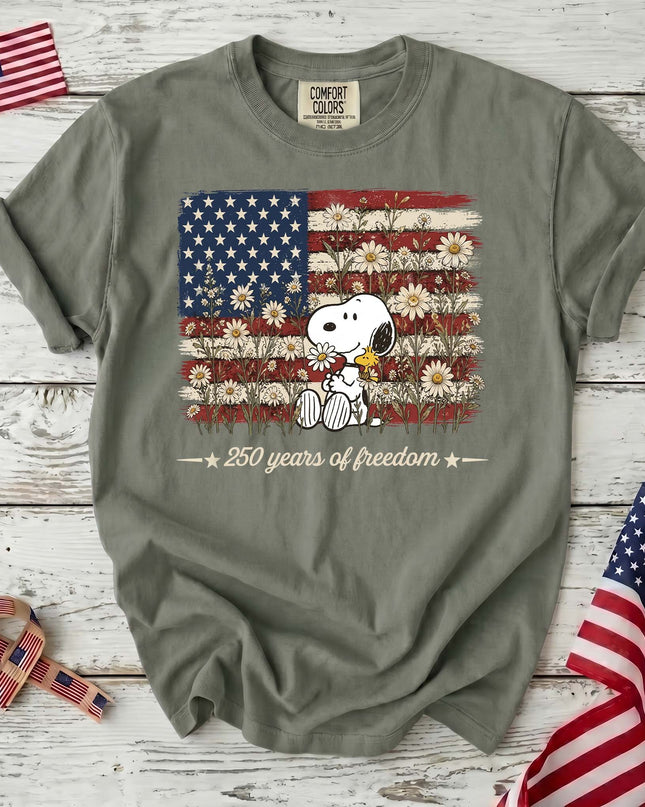 MOSS_e6a167f0-2c91-484c-a200-7dda3e5aa66a - AuraNations - Comfort Colors 250 Years Of Freedom Daisies Patriotic Dog T-Shirt - Moss / S - 250TH ANNIVERSARY, ALL, COMFORT COLORS, NO CUSTOM, PRODUCTS, SNPY, TSHIRT