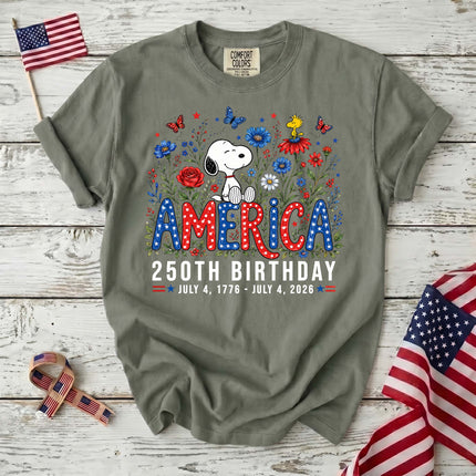Comfort Colors America 250th Birthday Floral Sitting Dog T-Shirt