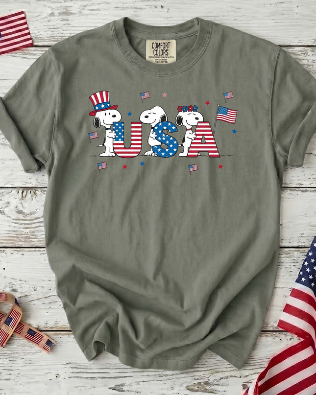 MOSS_f169c751-6264-45e3-900c-9440f0a61a39 - AuraNations - Comfort Colors USA Flag Block Letters Cute Dogs T-Shirt - Moss / S - 250TH ANNIVERSARY, ALL, COMFORT COLORS, NO CUSTOM, PRODUCTS, SNPY, TSHIRT
