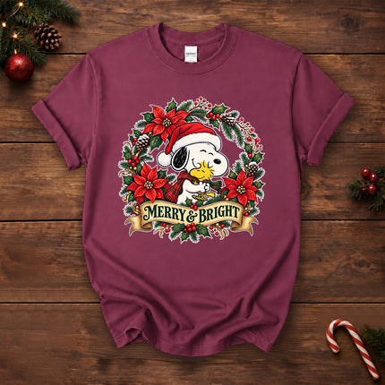 Merry and Bright Christmas Poinsettia Wreath T-Shirt