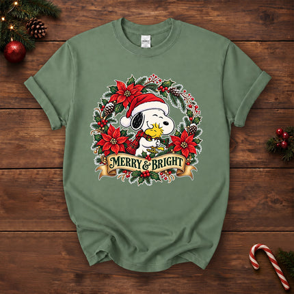 Merry and Bright Christmas Poinsettia Wreath T-Shirt