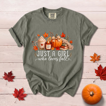 Comfort Colors Fall Autumn Just A Girl Who Loves Fall Pumpkin Coffee Cozy T-Shirt
