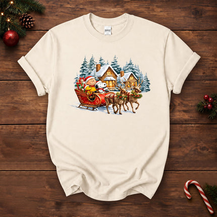 Christmas Reindeer Sleigh Ride Snowy Village T-Shirt