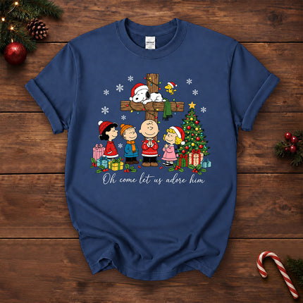 Oh Come Let Us Adore Him Christian Christmas Cross T-Shirt