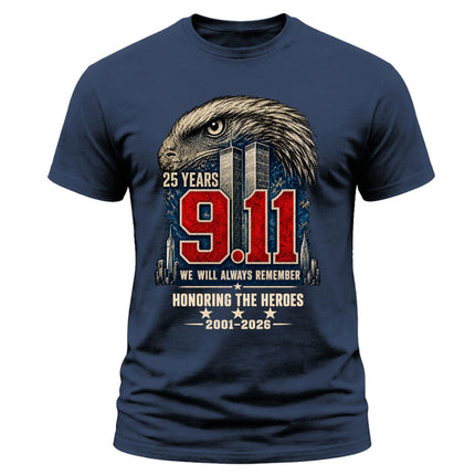 9/11 25th Anniversary Never Forget Honoring Heroes Memorial Patriotic T-Shirt