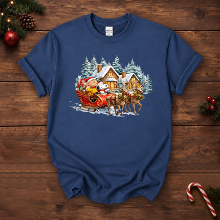 Christmas Reindeer Sleigh Ride Snowy Village T-Shirt