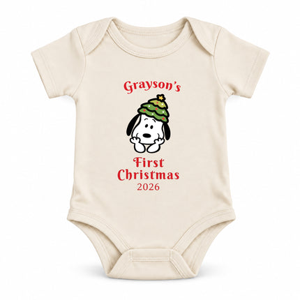 Personalized First Christmas 2026 Christmas Tree Hat Baby Bodysuit