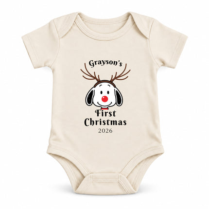 Personalized First Christmas 2026 Reindeer Name Baby Bodysuit