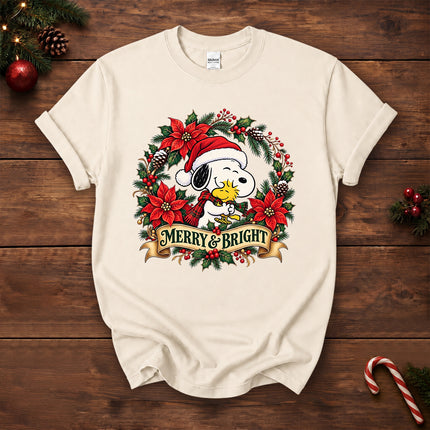 Merry and Bright Christmas Poinsettia Wreath T-Shirt