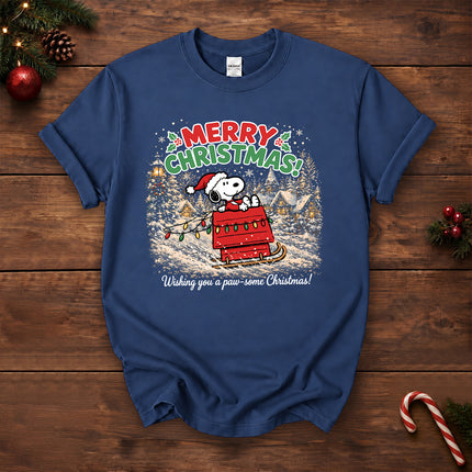 Merry Christmas Snowy Sleigh Village Holiday Lights T-Shirt