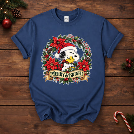 Merry and Bright Christmas Poinsettia Wreath T-Shirt