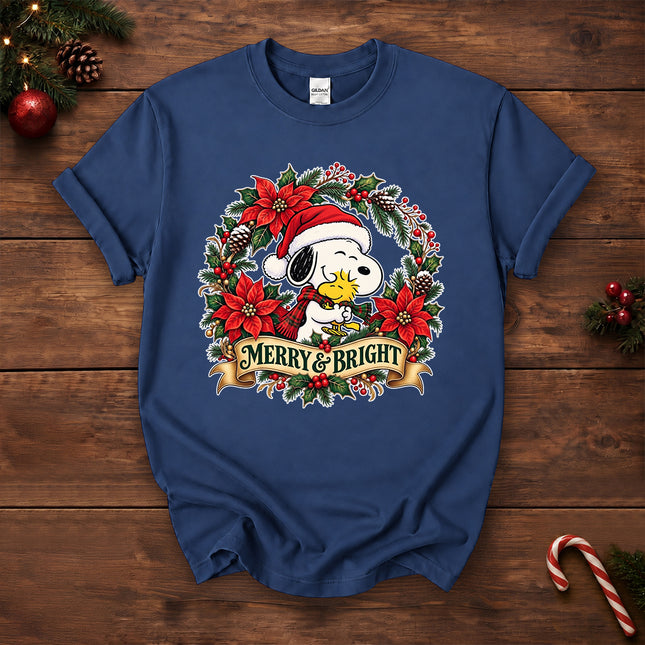 Merry and Bright Christmas Poinsettia Wreath T-Shirt