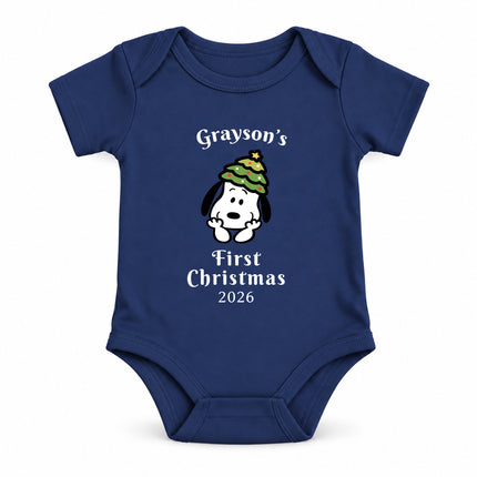 Personalized First Christmas 2026 Christmas Tree Hat Baby Bodysuit