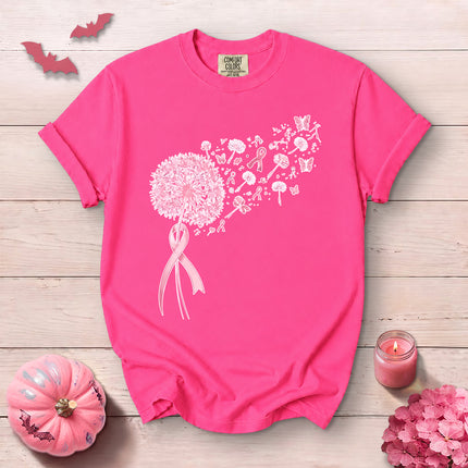 Comfort Colors Breast Cancer Awareness Pink Dandelion Ribbon Butterfly T-Shirt