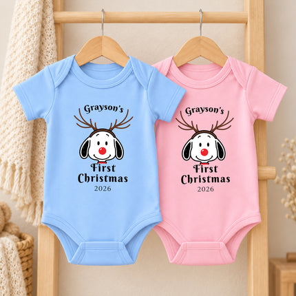 Personalized First Christmas 2026 Reindeer Name Baby Bodysuit