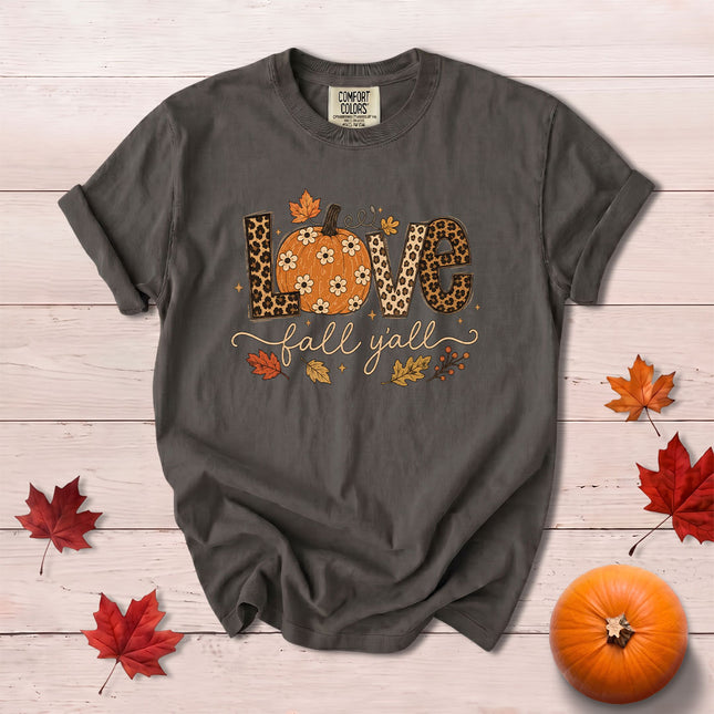 Comfort Colors Fall Autumn Love Fall Yall Leopard Floral Pumpkin T-Shirt