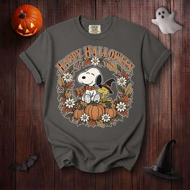 Comfort Colors Happy Halloween Pumpkin Floral Wreath Graphic T-Shirt