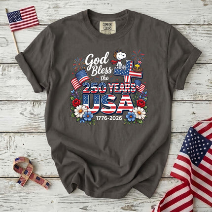 Comfort Colors God Bless The USA 250 Years Patriotic Cross T-Shirt
