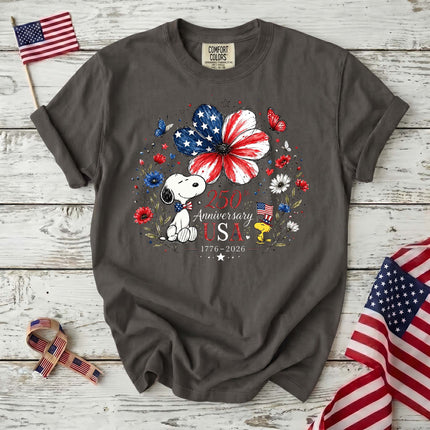 PEPPER_105f02f7-972b-4add-8eda-cd6ca020f85c - AuraNations - Comfort Colors 250th Anniversary USA Flag Flower Patriotic Bird Dog T-Shirt - Pepper / S - 250TH ANNIVERSARY, ALL, COMFORT COLORS, NO CUSTOM, PRODUCTS, SNPY, TSHIRT