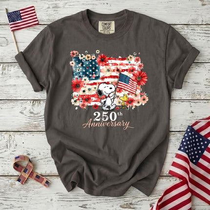PEPPER_1bc84521-82c9-49f3-b576-063718eb74d7 - AuraNations - Comfort Colors 250th Anniversary USA Floral Waving Flag Dog T-Shirt - Pepper / S - 250TH ANNIVERSARY, ALL, COMFORT COLORS, NO CUSTOM, PRODUCTS, SNPY, TSHIRT