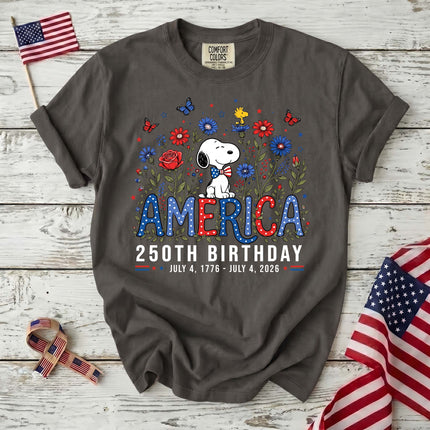 PEPPER_1bf522a8-0cbd-4fe9-ac43-b7250ba56dbd - AuraNations - Comfort Colors America 250th Birthday Bowtie Floral Dog T-Shirt - Pepper / S - 250TH ANNIVERSARY, ALL, COMFORT COLORS, NO CUSTOM, PRODUCTS, SNPY, TSHIRT