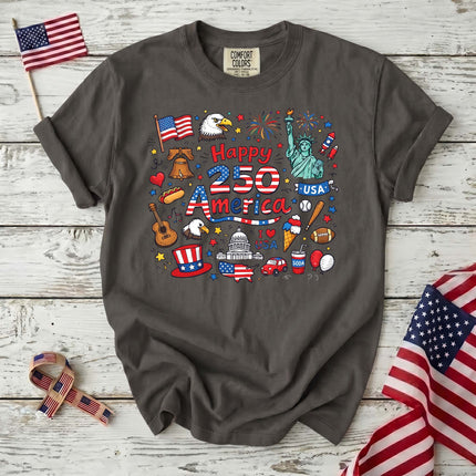 Comfort Colors Happy 250 America Patriotic Icons Doodle T-Shirt