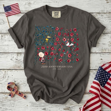 PEPPER_2ae1083c-f785-4a08-9124-f11de940488f - AuraNations - Comfort Colors 250th Anniversary USA Floral Vine Flag Friends T-Shirt - Pepper / S - 250TH ANNIVERSARY, ALL, COMFORT COLORS, NO CUSTOM, PRODUCTS, SNPY, TSHIRT