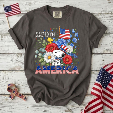 PEPPER_4c4ed864-9a24-4d11-8a0d-b7ff1a033652 - AuraNations - Comfort Colors 250th America Patriotic Top Hat Floral Dog T-Shirt - Pepper / S - 250TH ANNIVERSARY, ALL, COMFORT COLORS, NO CUSTOM, PRODUCTS, SNPY, TSHIRT
