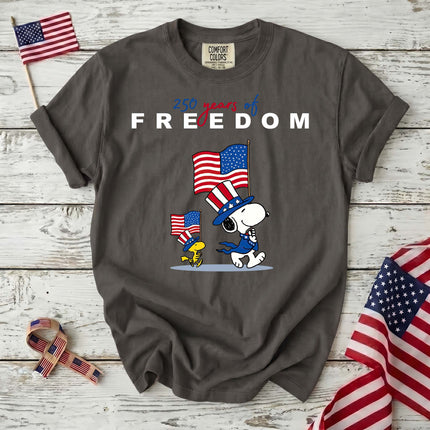 PEPPER_780ca18a-adc1-46bf-8a81-f69d88d0c4b8 - AuraNations - Comfort Colors 250 Years Of Freedom Patriotic Waving Flags Dog T-Shirt - Pepper / S - 250TH ANNIVERSARY, ALL, COMFORT COLORS, NO CUSTOM, PRODUCTS, SNPY, TSHIRT