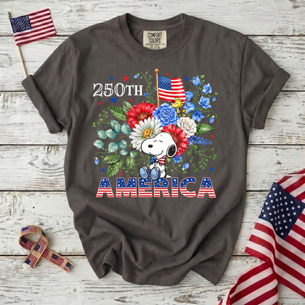 PEPPER_792dea0a-ceb1-42ab-ab65-198565b80119 - AuraNations - Comfort Colors 250th America Patriotic Sitting Floral Dog T-Shirt - Pepper / S - 250TH ANNIVERSARY, ALL, COMFORT COLORS, NO CUSTOM, PRODUCTS, SNPY, TSHIRT