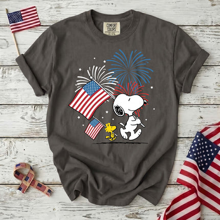 PEPPER_81d7cf08-32b5-4376-9033-85dfa18ece93 - AuraNations - Comfort Colors Fireworks Patriotic Marching Flag Dog T-Shirt - Pepper / S - 250TH ANNIVERSARY, ALL, COMFORT COLORS, NO CUSTOM, PRODUCTS, SNPY, TSHIRT