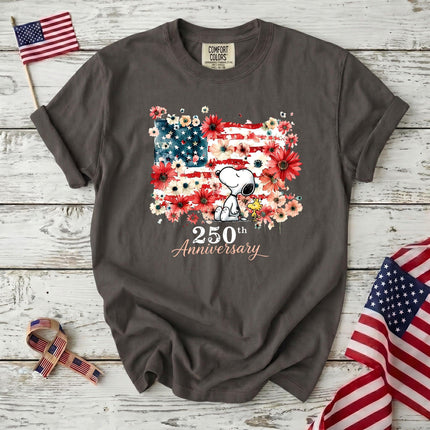 PEPPER_84ae7fb9-c058-4293-9b71-11f49e29fd34 - AuraNations - Comfort Colors 250th Anniversary USA Floral Flag Sitting Dog T-Shirt - Pepper / S - 250TH ANNIVERSARY, ALL, COMFORT COLORS, NO CUSTOM, PRODUCTS, SNPY, TSHIRT