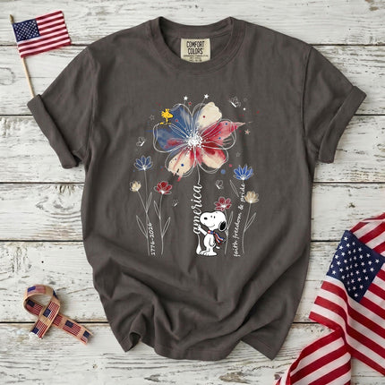 PEPPER_8fe590ef-2b52-437d-aa09-a9675b6881a5 - AuraNations - Comfort Colors America Faith Freedom Pride Watercolor Flower Patriotic Dog T-Shirt - Pepper / S - 250TH ANNIVERSARY, ALL, COMFORT COLORS, NO CUSTOM, PRODUCTS, SNPY, TSHIRT