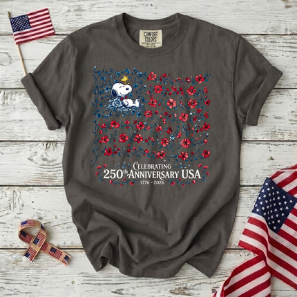 PEPPER_a1949e4c-7cb2-473e-9f50-a3a0d165d96e - AuraNations - Comfort Colors Celebrating 250th Anniversary USA Floral Vine Flag Dog T-Shirt - Pepper / S - 250TH ANNIVERSARY, ALL, COMFORT COLORS, NO CUSTOM, PRODUCTS, SNPY, TSHIRT