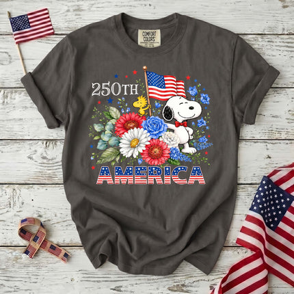 PEPPER_cfe9470a-7636-4617-8289-6bea0e4689e7 - AuraNations - Comfort Colors 250th America Patriotic Floral Bowtie Dog T-Shirt - Pepper / S - 250TH ANNIVERSARY, ALL, COMFORT COLORS, NO CUSTOM, PRODUCTS, SNPY, TSHIRT
