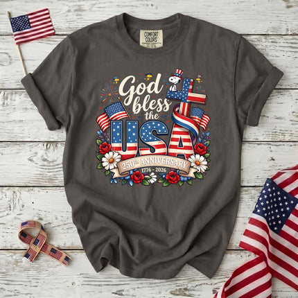 PEPPER_d56e8a98-e2ba-4646-a531-b189d1683145 - AuraNations - Comfort Colors God Bless The USA 250th Anniversary Cross Dog T-Shirt - Pepper / S - 250TH ANNIVERSARY, ALL, COMFORT COLORS, NO CUSTOM, PRODUCTS, SNPY, TSHIRT