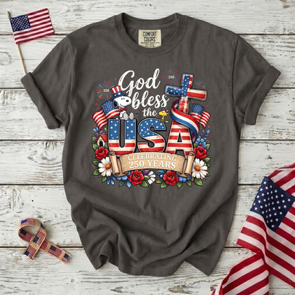 Comfort Colors God Bless The USA Celebrating 250 Years Cross Dog T-Shirt