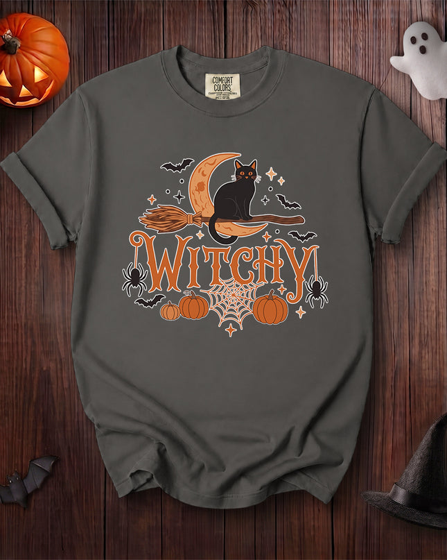 Comfort Colors Black Cat Halloween Witchy Moon Broom T-Shirt