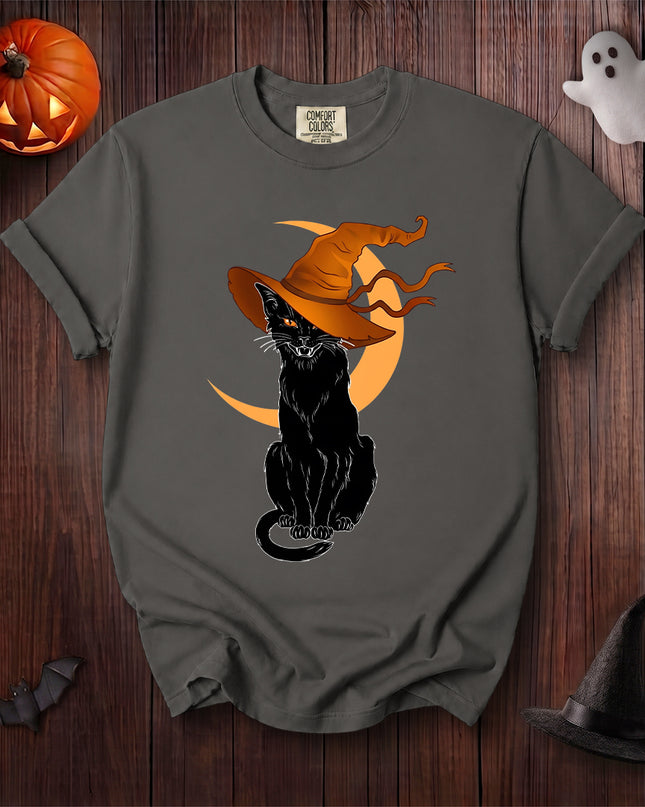 Comfort Colors Black Cat Halloween Witch Hat Crescent Moon T-Shirt