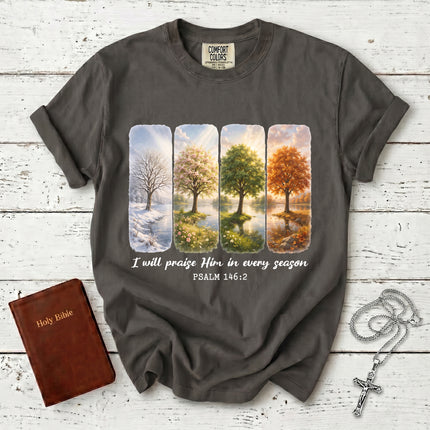 Comfort Colors I Will Praise Him in Every Season Psalm 146:2 Christian Bible Verse T-Shirt
