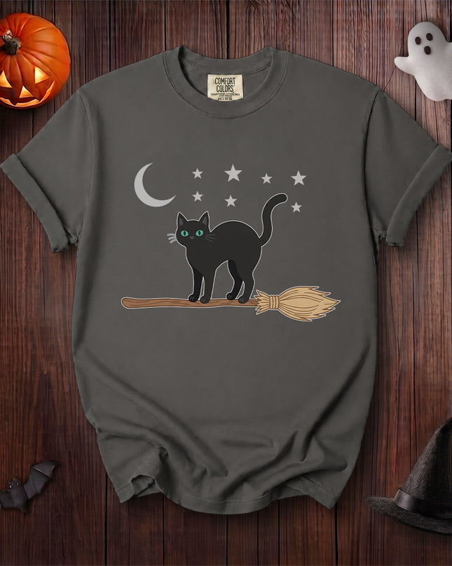 Comfort Colors Black Cat Halloween Witch Broom Moon T-Shirt