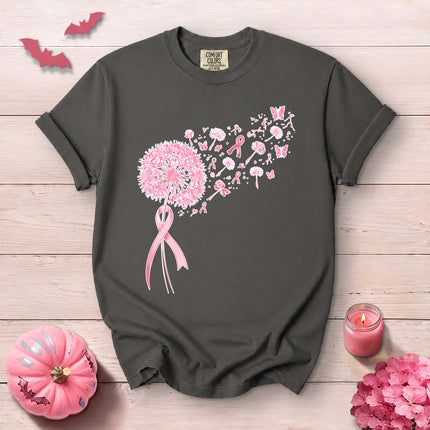 Comfort Colors Breast Cancer Awareness Pink Dandelion Ribbon Butterfly T-Shirt