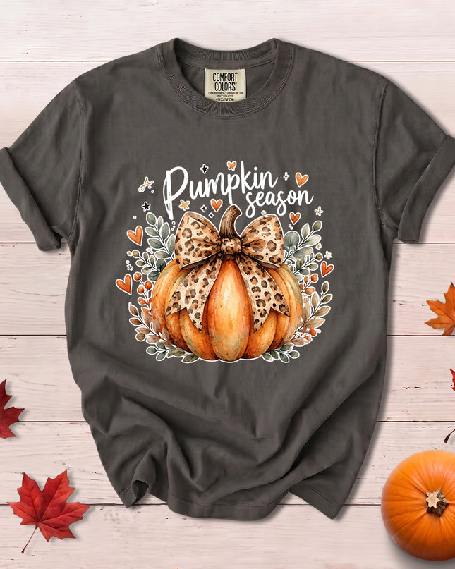 Comfort Colors Fall Autumn Pumpkin Season Leopard Bow Thanksgiving T-Shirt