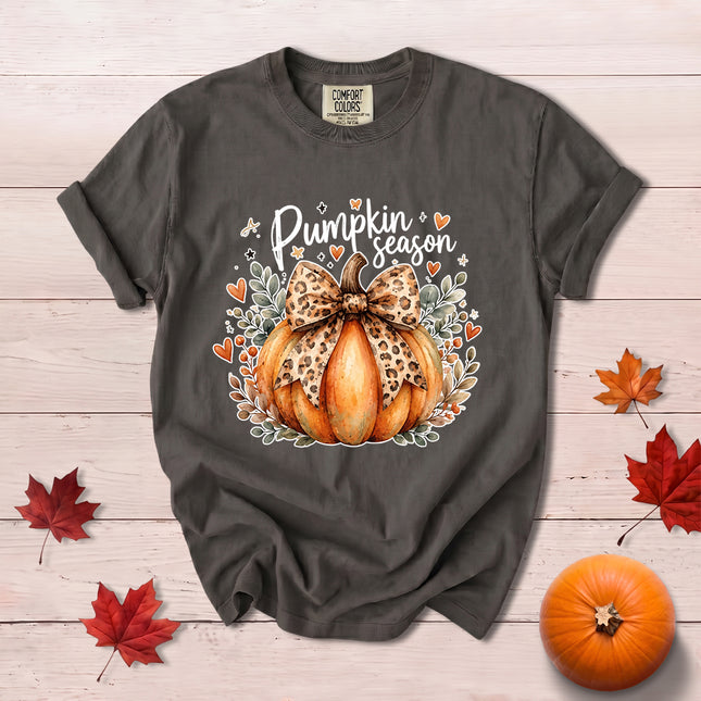 Comfort Colors Fall Autumn Pumpkin Season Leopard Bow Thanksgiving T-Shirt