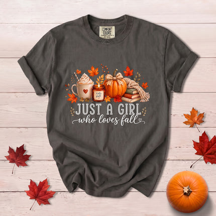 Comfort Colors Fall Autumn Just A Girl Who Loves Fall Pumpkin Coffee Cozy T-Shirt
