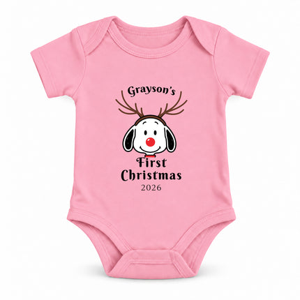 Personalized First Christmas 2026 Reindeer Name Baby Bodysuit